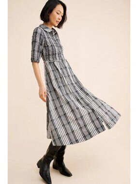 Anthropologie Maeve Short-Sleeve Smocked Plaid Midi Shirtdress Black White